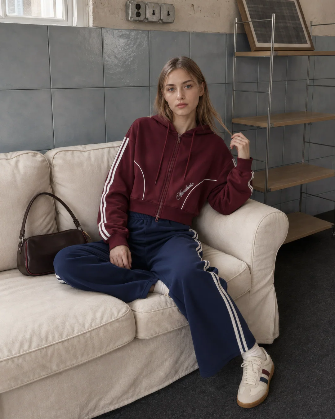 3 İplik Şeritli Nakışlı Fermuarlı Sweatshirt